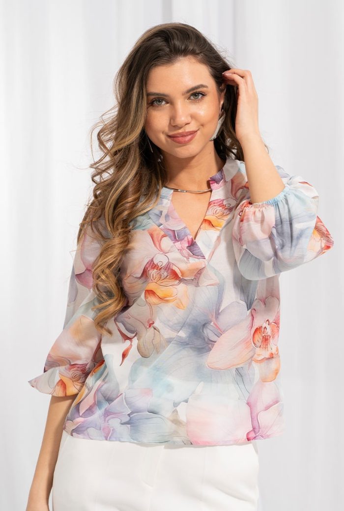 Bluza dama delicata, imprimata cu flori stilizate in tonuri pastel, LUIGIA, Hermosa, lila - imagine 4