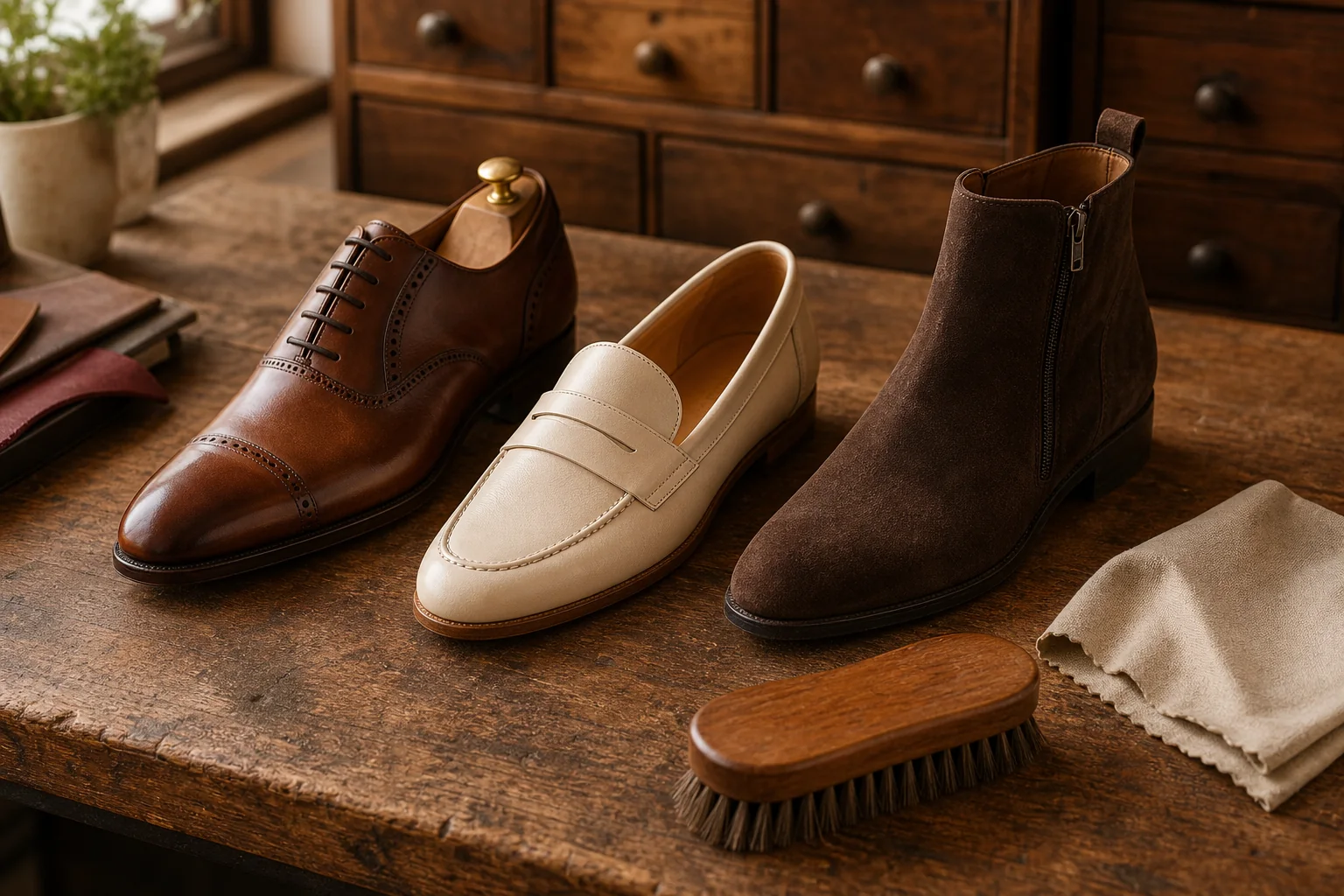 Pantofi din piele naturală și accesorii pentru întreținere